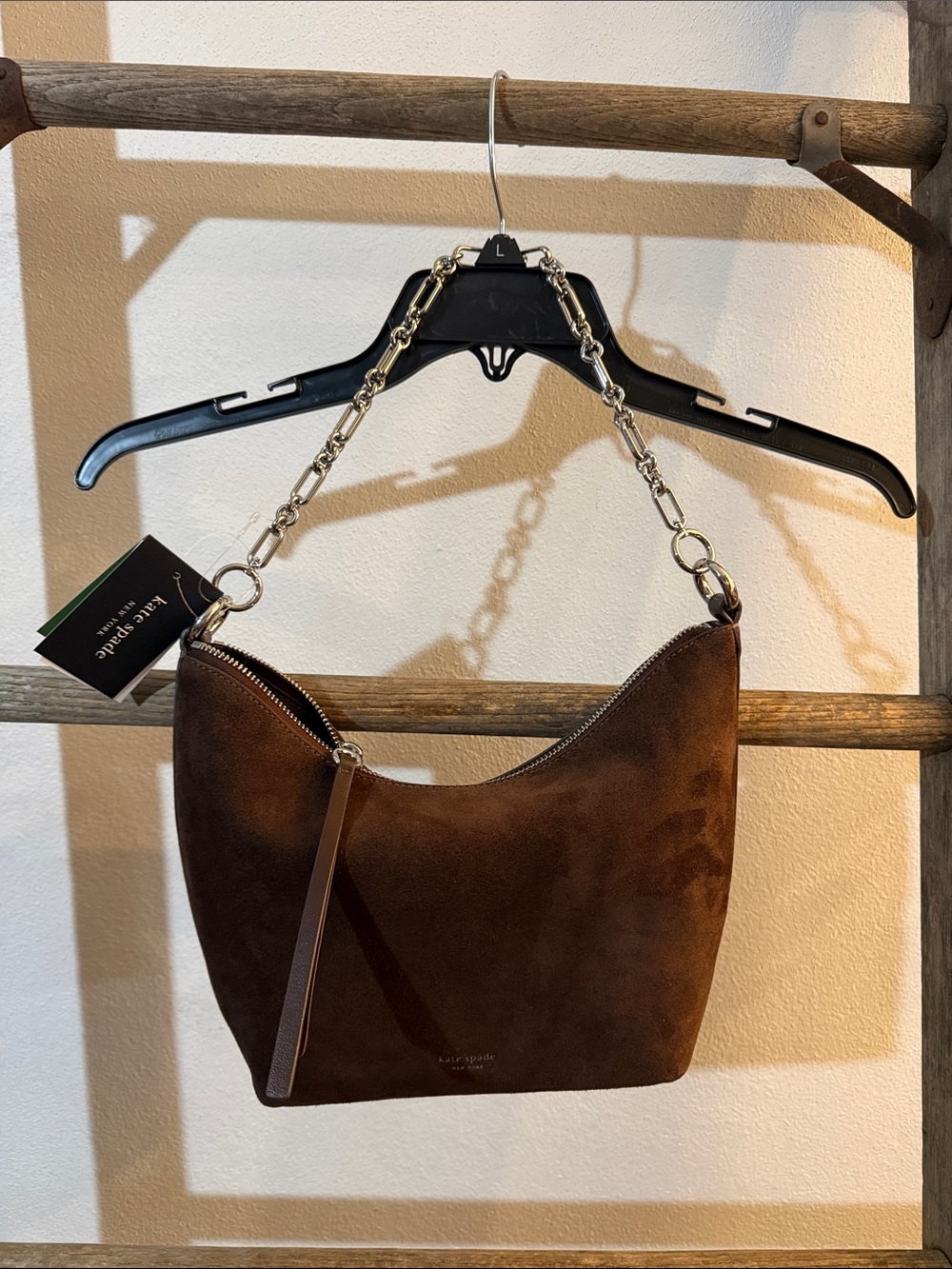kate spade Chocolate Brown Suede Shoulder Bag with Chain and adjustable strap